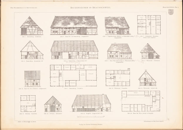Ein aufgeschlagenes altes Buch mit detaillierten Architekturplänen und Zeichnungen verschiedener Hausentwürfe auf einer Seite, begleitet von beschreibendem Text.