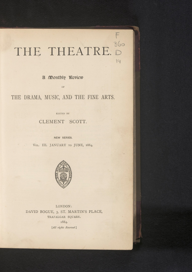 Titelbild eines aufgeschlagenen Buches mit der Aufschrift "The Theatre: A Monthly Review of the Drama, Music, and the Fine Arts"
