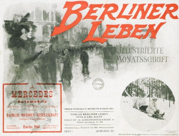 Anzeige für ein Mercedes-Benz-Fahrzeug, das in Berlin, Deutschland, gezeigt wird und Menschen, Bäume, Gebäude, Text und einen Stempel zeigt.