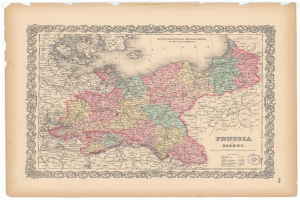 Ein altes Kartenblatt von Preußen und Sachsen auf altem Papier, das ihre historischen Grenzen zeigt.