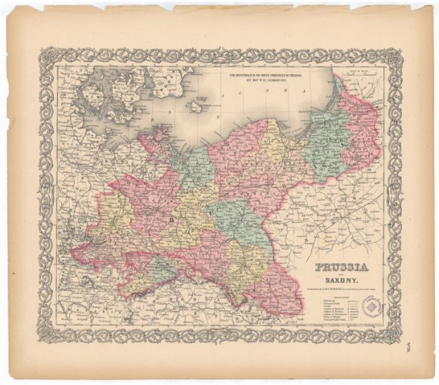 Ein altes Kartenblatt von Preußen und Sachsen auf altem Papier, das ihre historischen Grenzen zeigt.
