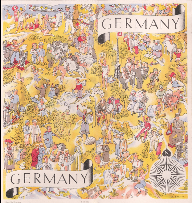 Plakat mit schwarzem Hintergrund, das eine Deutschlandkarte zeigt, die von zahlreichen Menschen überlagert wird und von Text begleitet wird.