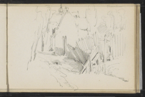 Eine Schwarz-Weiß-Zeichnung einer Stadtstraße mit einem Gebäude im Hintergrund, erstellt von Joseph Mallord William Turner zwischen 1805 und 1898, aus der National Portrait Gallery in London.