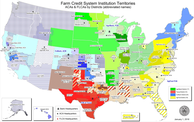 Eine Karte der Vereinigten Staaten, die verschiedene Farben zeigt, die Farm Credit System-Institutionen darstellen, mit der Überschrift "Farm Credit System-Institutionen" oben und einem Logo in der rechten unteren Ecke.