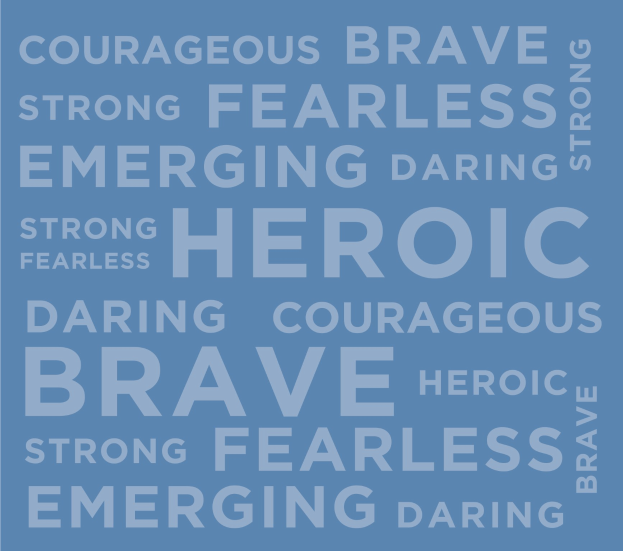 Blauer Hintergrund mit weißer Schrift, die Wörter 'Tapfer', 'Stark', 'Furchtlos', 'Heldenhaft', 'Mutig' und 'Tapfer' wiederholt.