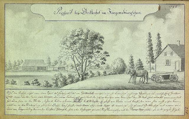 Ein altes Buch mit einer Zeichnung eines Pferdewagens vor einem Haus, umgeben von Bäumen, Pflanzen und Gras, mit deutscher Text, der wahrscheinlich mit dem Bau eines Bauernhofes zu tun hat.