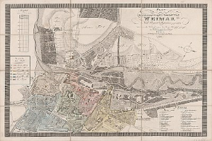 Detailreiches altes Stadtplan von Weimar, Deutschland, zeigt Straßen, Gebäude und Sehenswürdigkeiten mit begleitendem Text über Bevölkerung und bemerkenswerte Merkmale.