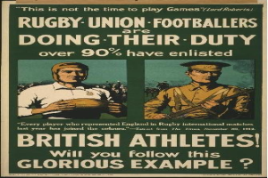 Britische Rugby-Union-Spieler in einem Plakat zur Förderung der Athleteneinsatzquote, mit Text, der weitere Informationen bereitstellt.