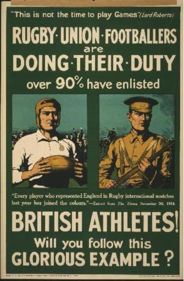 Britische Rugby-Union-Spieler in einem Plakat zur Förderung der Athleteneinsatzquote, mit Text, der weitere Informationen bereitstellt.