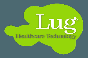 Logo von Lug Healthcare Technology mit fetter schwarzer Schrift in der Mitte eines weißen Hintergrunds, umgeben von einem blauen Kreis mit weißer Umrandung.