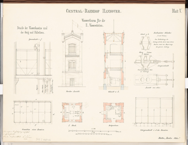 Ein Buchumschlag mit einer detaillierten architektonischen Zeichnung des Central Bahnhof Hannover-Gebäudes, das Fenster, Türen und Gestaltungselemente zeigt, begleitet von Texten über die Struktur.