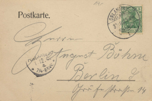 Eine alte deutsche Postkarte in sehr gutem Zustand, die ein Siegel, den Text "Grundfahrzeug" und ein Bild eines Mannes zeigt.