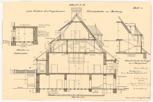 Ein detailliertes architektonisches Zeichnung eines Hauses mit zahlreichen Fenstern und einem Dach, identifiziert als das erste Haus in Deutschland, begleitet von Plänen und Text auf Papier.