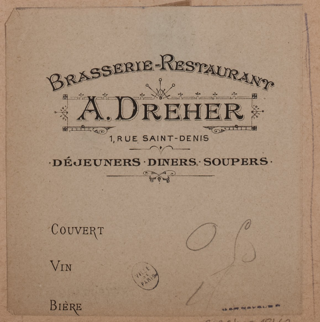 Altes Buchcover mit einer Zeichnung eines Brasserie-Restaurants und Text, der seine Angebote beschreibt.