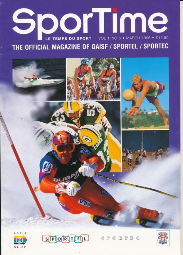 Buntes Magazin-Cover mit der Aufschrift 'Sporttime Magazine - März 1996' mit Bildern von Skifahrern und Snowboardern sowie Text und Logos.