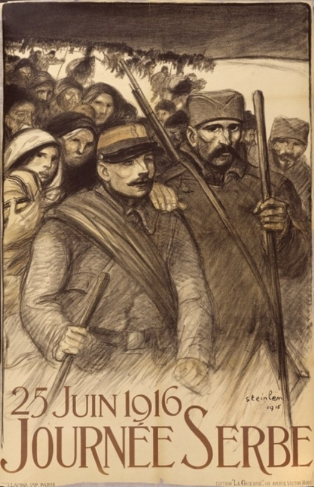 Plakat für die 1916er Journée Serbe, das eine Gruppe von Menschen mit Waffen zeigt und Text mit Veranstaltungseinzelheiten enthält.