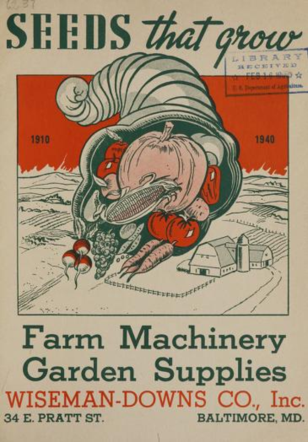 Ein Vintage-Plakat von Wiseman-Downs Co., Inc. mit verschiedenen Landmaschinen und Gartenzubehör, sowie beschreibendem Text.