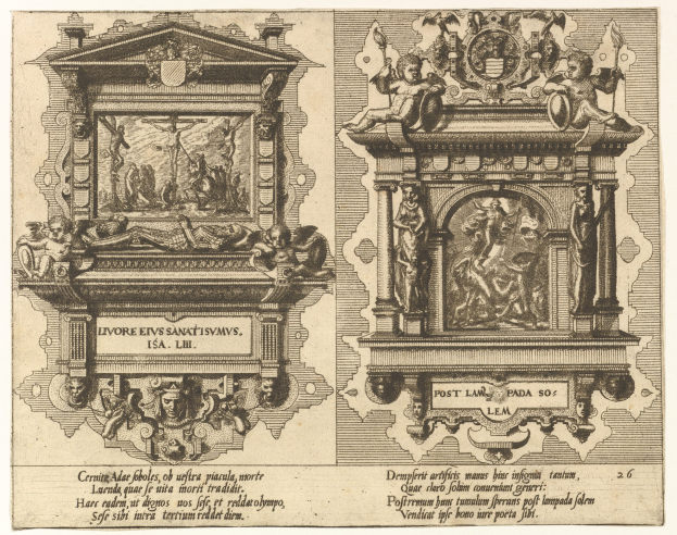 Zwei detaillierte Skulpturen in verschiedenen Formen und Größen sind auf einem Blatt Papier mit begleitendem fetten Text dargestellt.