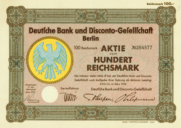 Altes deutsches Banknotenmotiv mit einem Vogel und der Aufschrift "Deutsche Bank und Disconto-Gesellschaft Berlin".