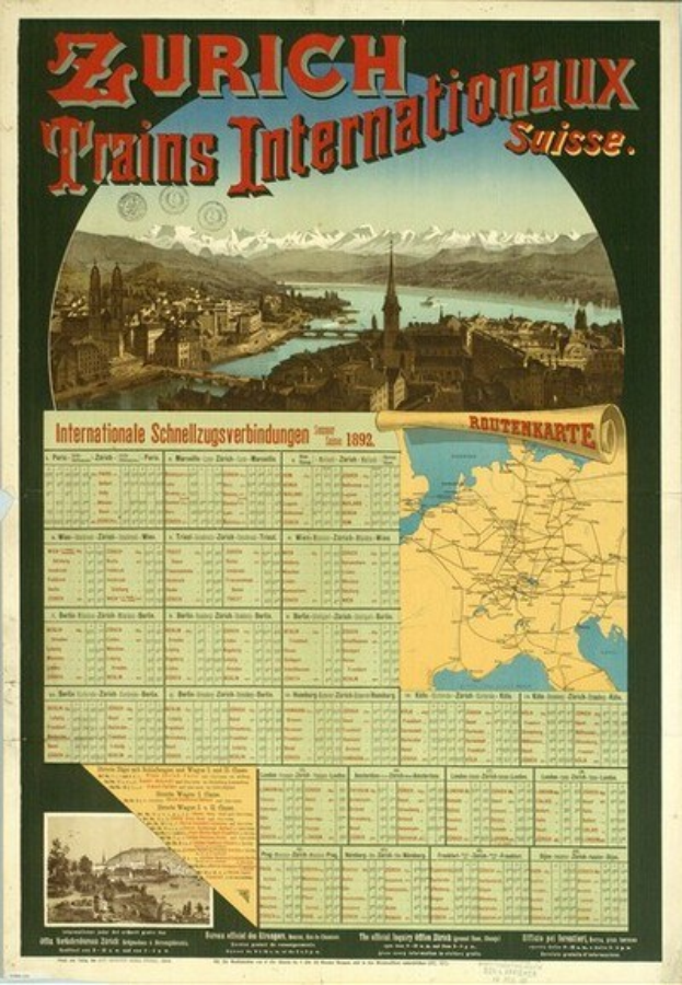 Plakatwerbung für Zürich Trains Internationalaux, mit einer Karte von Zürich im Hintergrund mit Gebäuden, Wasser und Bergen und Text.