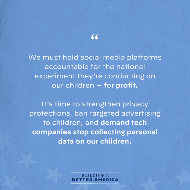 Plakat mit einem Zitat aus Building a Better America, das besagt, "Wir müssen die sozialen Medien-Plattformen für das nationale Experiment zur Rechenschaft ziehen, das sie an unseren Kindern durchführen - für Profit", verziert mit Sternen.