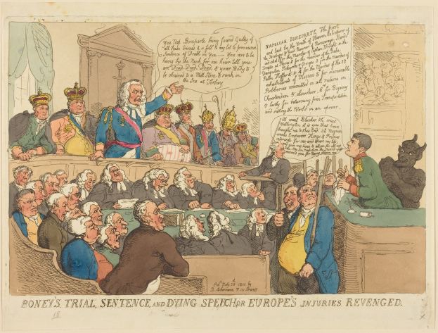 Cartoon-Illustration eines Gerichtssaals mit dem Titel "Boney's Trial, Sentence, and Dying Speech Europe's Injuries Revenged", die eine Gruppe von Menschen zeigt, die sitzen, mit einem stehenden Mann in der Mitte und einem Tisch mit Gegenständen rechts.