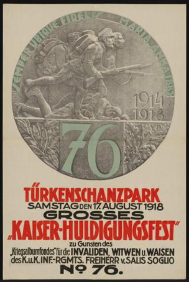 Ein gerahmtes Plakat zum 70. Jahrestag des Kaiser-Huldigungsfestes in Berlin, Deutschland, mit einer Gruppe von Menschen in der Mitte, umgeben von Text und Zahlen.