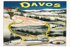 Ein Vintage-Plakat, das das Skigebiet Davos in der Schweiz bewirbt, zeigt einen Skifahrer im Vordergrund mit Bäumen, Häusern und Bergen im Hintergrund sowie begleitendem Text.