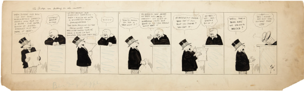 Ein Comic-Strip-Panel mit einem Mann in Zylinder und einer Frau im Kleid in einer Diskussion, wobei der Mann ein Blatt Papier hält.