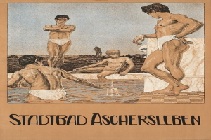 Plakat für ein Schwimmbad in Aschersleben, Deutschland, das Menschen im Wasser zeigt, darunter einen sitzenden, begleitet von Text über die Ausstattung des Schwimmbads.