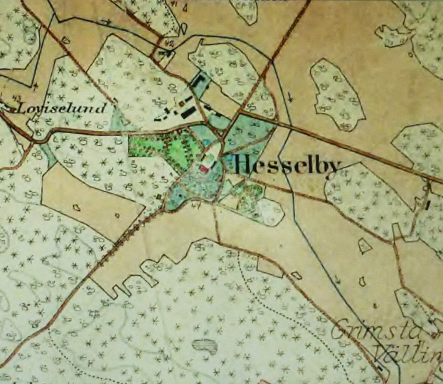 Ein detaillierter alter Stadtplan von Hesselby, markiert mit Straßen, Gebäuden und Sehenswürdigkeiten.