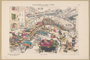 Ein altes Buch mit einer Zeichnung einer aufgeregten Menge an einem Bahnhof von 1900, umgeben von einem Photo-Rahmen, mit dem Text "Straßenbild im Jahre 1900" auf dem Papier.