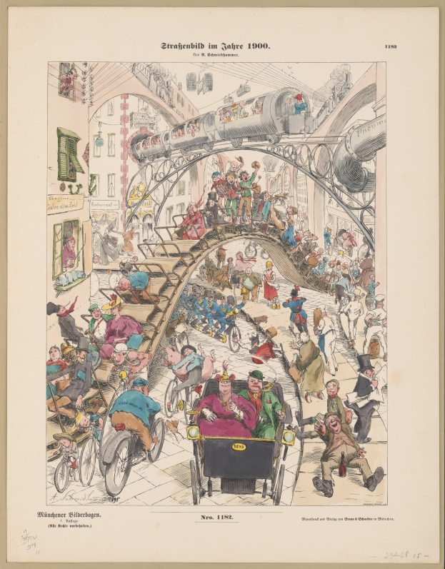 Ein altes Buch mit einer Zeichnung einer aufgeregten Menge an einem Bahnhof von 1900, umgeben von einem Photo-Rahmen, mit dem Text "Straßenbild im Jahre 1900" auf dem Papier.