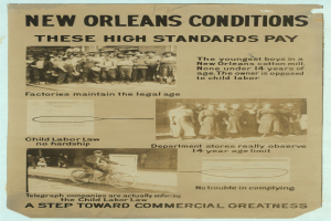 Ein Plakat mit Text und Bildern von Menschen, einer davon fährt ein Fahrrad, mit dem Text "New Orleans Bedingungen: Diese hohen Standards zahlen sich aus."