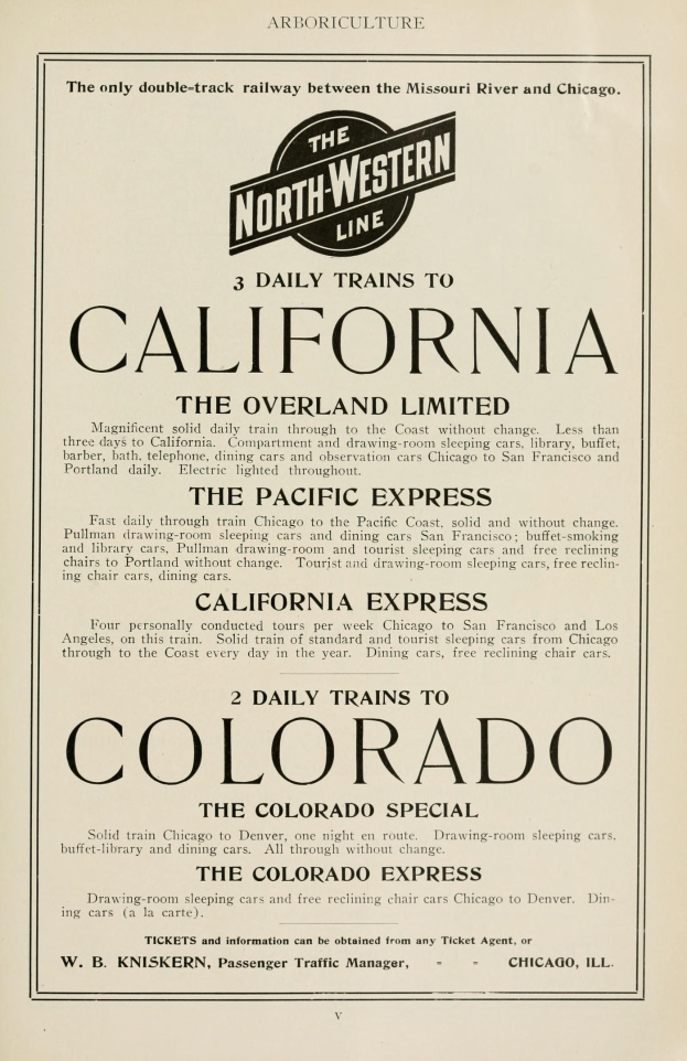 Zeitung mit gedrucktem Text, der täglich Züge nach Kalifornien, The Overland Limited, The Pacific Express und Colorado auf der North Western Line ankündigt.