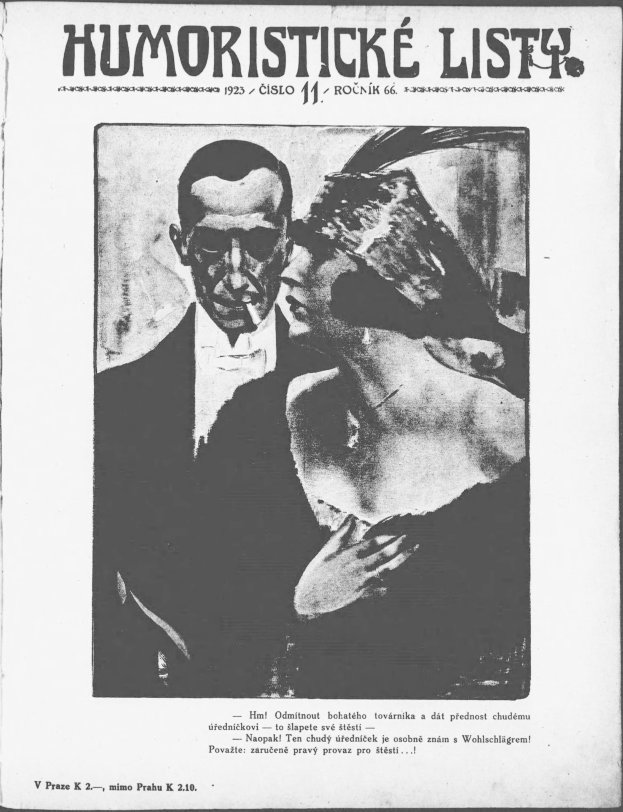 Schwarz-weißes Magazin-Cover mit der Überschrift 'Humoristische Liste', das einen Mann in einem Anzug mit ernster Miene und eine Frau zeigt, die verschmitzt in die Ferne blickt.