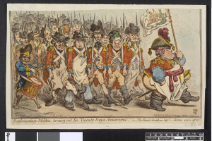 Gruppe von Männern in Militäruniformen marschiert auf einer Straße, einer hält einen Stock in der Hand, mit Text unten: 'Ergänzungsmilitär, Ausmarsch für Zwanzig-Tage-Vergnügen'.