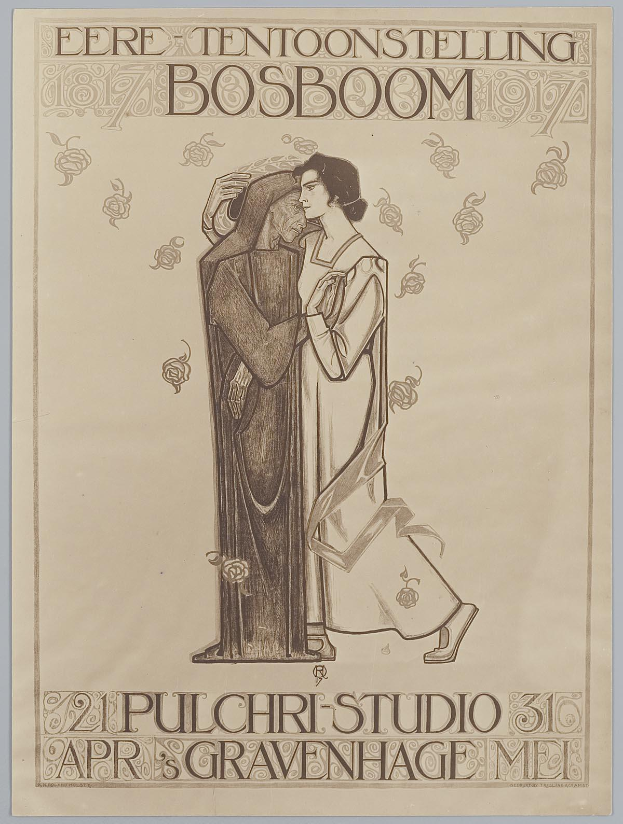 Ein Konzertplakat mit einem Mann im Anzug und einer Frau in einer Schürze, die nebeneinanderstehen und beide ernst schauen.