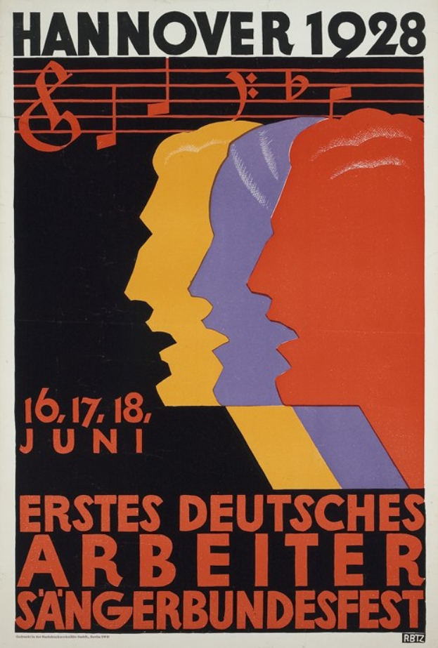 Plakat für das 1. Deutsche Arbeiter-Sängerbundesfest Hannover 1928, mit drei zentralen Figuren und Textangaben.