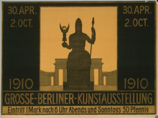 Ein Plakat mit einer Statue vor einem Gebäude, mit Text und Zahlen, die Informationen zum Berliner-Kunstausstellung-Event enthalten.