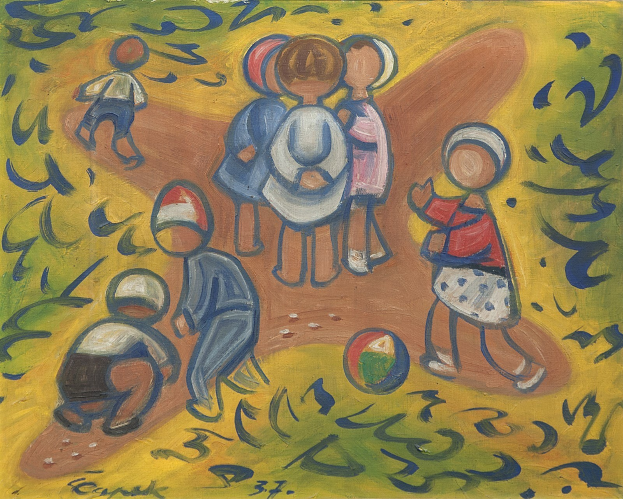 Ein Bild auf einer Tafel, das Kinder beim Spielen mit einem Ball in einem hellen, fröhlichen Feld zeigt, mit etwas Text auf dem Bild sichtbar.