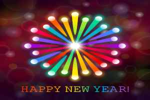 Ein farbenfrohes Feuerwerk mit den Worten "Frohes neues Jahr" in großen, bunten Buchstaben vor einem vielseitig bunten Hintergrund, symmetrisch angeordnet.