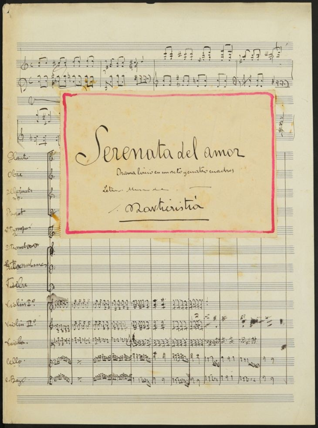 Notenblatt mit dem Titel "Serenata del Amor" mit musikalischen Noten auf altem Papier gedruckt.