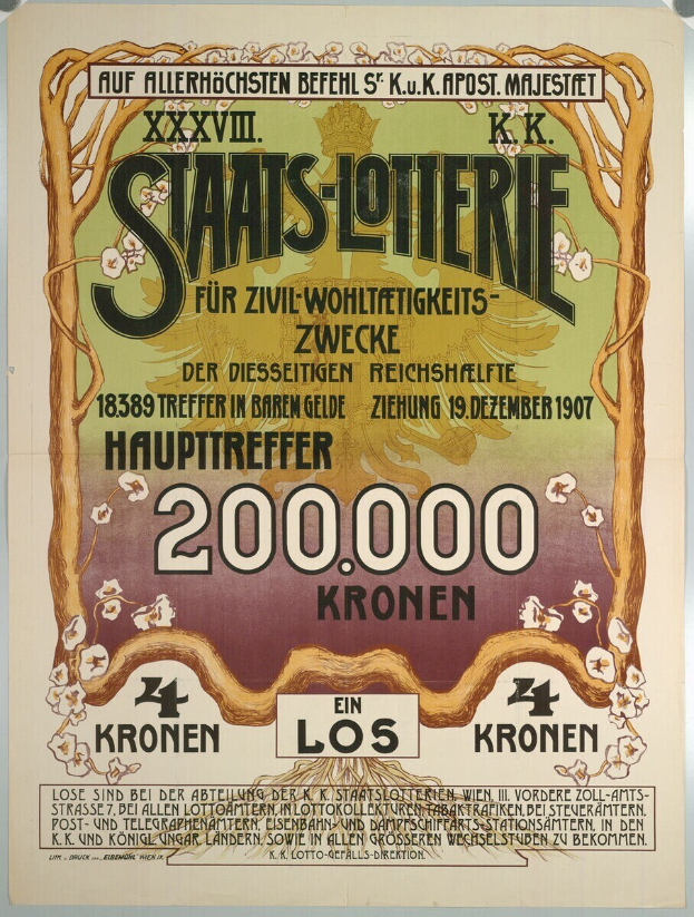 Plakat an einer Gebäudewand, das eine Lotterie mit Text, Zahlen und einem großen Bild von Geld bewirbt.
