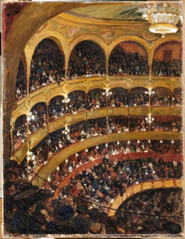 Gemälde mit dem Titel "Das Konzerthaus" (1892), das einen großen Auditorium mit Menschen zeigt, beleuchtet von Lüster, mit Geländern und Säulen.