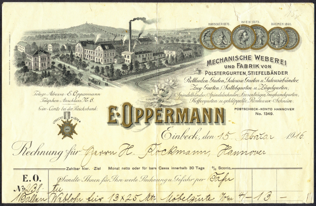 Alte deutsche Banknote mit einer industriellen Fabrikszene und Text, numerischen Werten und Darstellungen von Gebäuden, Bäumen und Rauchemissionen.