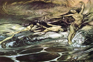 Gemälde von Arthur Rackham mit dem Titel "Die Meerjungfrauen", das eine Meerjungfrau in einem langen dunklen Kleid und eine Frau in einem smaragdgrünen Kleid zeigt, die in tiefblauen Ozeanwellen unter einer untergehenden Sonne schwimmen.