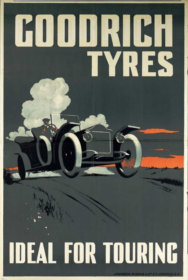 Plakat für Goodrich Reifen mit einem Auto und einer Person sowie Textinformationen