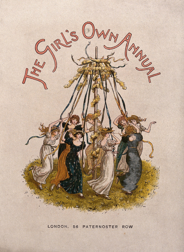 Eine Schwarz-Weiß-Illustration aus "The Girl's Own Annual", die Kinder in bunten Kleidern beim Tanzen um einen geschmückten Maibaum zeigt.