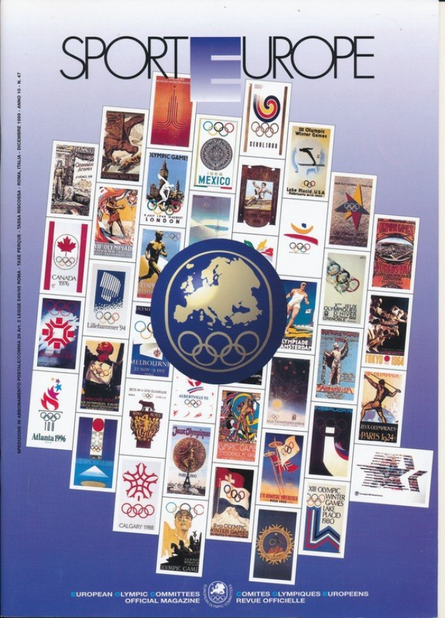Ein Buchumschlag mit dem Titel "Sporting Europe", der farbenfrohe Bilder und Texte über Olympische Spiele in Europa zeigt, mit fetter weißer Schrift auf einem bunten, detailreichen Design.